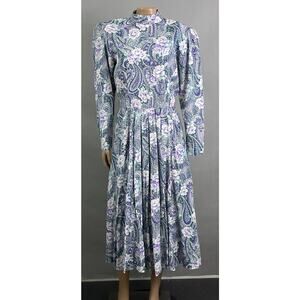 E.D. Michaels Vtg 80s Dress Women 3/4 Floral Paisley Print Mock Neck Midi Casual